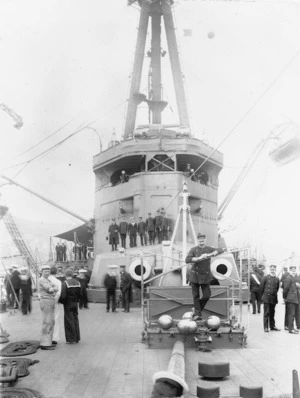 Group of tramway workers on board the battlecruiser HMS New Zealand in Wellington Harbour