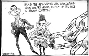 "Hamid, the G8 leaders are wondering when you are going to pick up the pace of Afghan control?" 1 July 2010