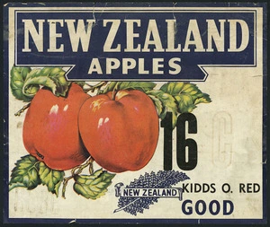 New Zealand apples; Kidds O. Red 16. Good [Apple case label. 1940-60s].
