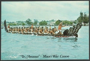 Bourne, John C, fl 1973 :"Te Awanui" - Maori war canoe. With the compliments of Stars Travel, 83 Devonport Rd, Tauranga. Photography by John C Bourne. Logan Print Ltd., Gisborne, New Zealand. 410/1 [ca 1974?]