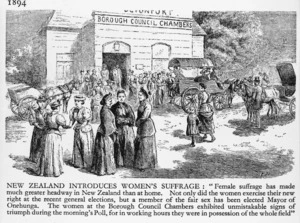 Photograph of an engraving showing women going to the poll at Devonport, 1893