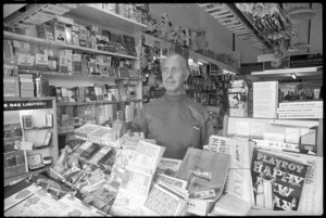 James Soteros, hairdresser, in his tobacconist's shop in Farish Street, Wellington