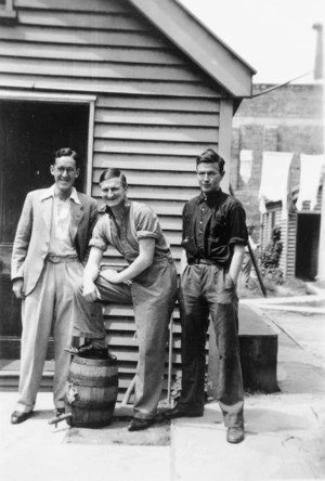 Ian Frank George Milner, Denis James Matthews Glover and Robert William Lowry outside St Elmo flats, Christchurch