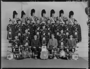 Wellington City Highland Pipe Band, with trophies