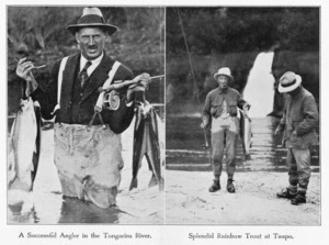 Photographer unknown :A successful angler in the Tongariro River; [and] Splendid rainbow trout at Taupo. [ca 1933-1937].