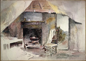 [Hodgkins, William Mathew] 1833-1898 :Interior of the hut, Manapouri. Feb 16 [1881]