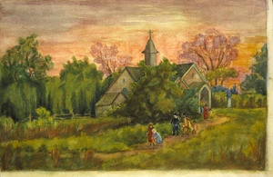 Artist unknown :Old Putiki church with Rev. Richard Taylor (copied by E.G. Taylor?). [1840-1860s].