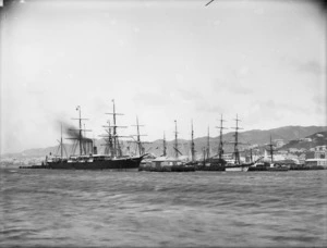Ships, including the Tongariro and the Grafton, at Queens Wharf, Wellington