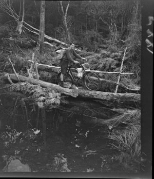 Alister McLellan wheeling a bicycle across a log bridge in bush, probably West Coast Region