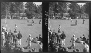 Sack race at a school sports day, with crowd of spectators in foreground, Westport Technical High School, West Coast Region