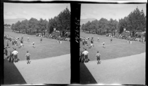 Running race finish at a school sports day, showing competitors, officials, and a row of spectators, Westport Technical High School, West Coast Region