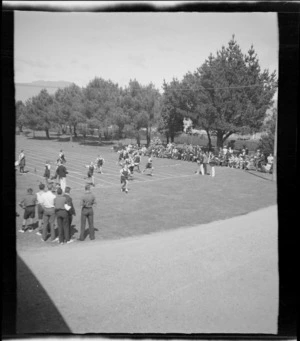 Elevated view of girls' running race finish at a school sports day, Westport Technical High School, West Coast Region
