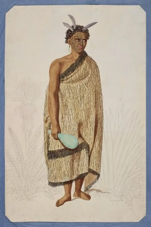 Merrett, Joseph Jenner, 1815-1854 :[Maori man with mere. Ca 1847]