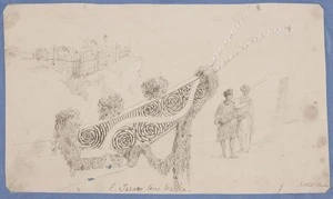 Clarke, Cuthbert Charles, 1819-1863 :E tararo tene waka. [Prow of a canoe, Hauraki, 1851]