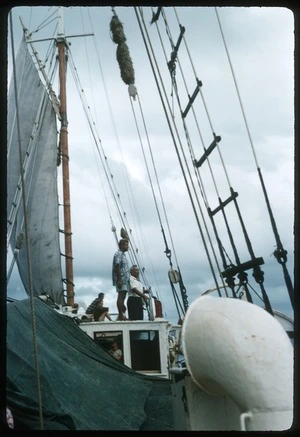 Group on deck of schooner Tavenui leaving for Palmerston Island