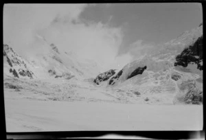 Snowy mountain landscape, [and glacier?], [West Coast Region]