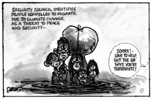 Evans, Malcolm Paul, 1945- :[UN Security Council identifies people compelled to migrate due to climate change...]. 19 May 2013