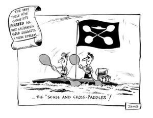 Lynch, James Robert, 1947- :'The way those Kiwi canoeists PIRATED all that California GOLD suggests a new emblem... the "Scull and Cross-Paddles"!' 20 August 1984