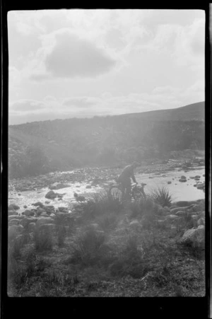 An unidentified man [Tracy Thomas Gough?], cycling beside a river [Rakaia River?], Ashburton District, Canterbury Region