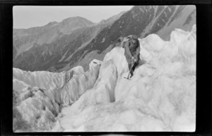 An unidentified man climbing Lyell Glacier, Southern Alps, Canterbury Region