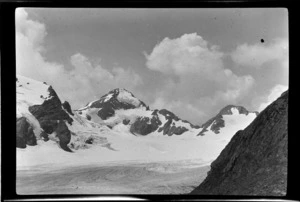 Glacier surrounded by mountain peaks, near the top of the Godley River, Southern Alps