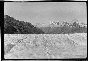 Field of glacier ice surrounded by mountains, [Maud Glacier?] Southern Alps