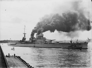 Battlecruiser HMS Renown in Waitemata Harbour, Auckland, during the visit of the Prince of Wales