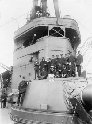 Group of tramway workers on board the battlecruiser HMS New Zealand in Wellington Harbour