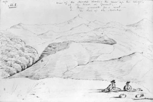 [Drake, James Charles] 1821-1865? :View of the Moketap shewing the route up the range ; A. The track at present. B More acces[s]ible for a road. C. The peak of the Moketap / [James Charles Drake] [11 Jan 1844]