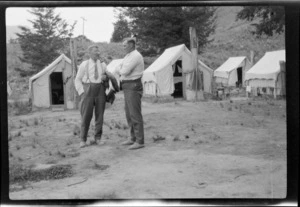 Two unidentified men [Mr Fisher and Mr Waldrop?], at New Zealand Public Works Department camp at the Harper Diversion, Selwyn District, Canterbury Region