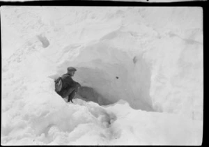 An unidentified man in a crevasse, on Mount Rolleston, Arthur's Pass National Park