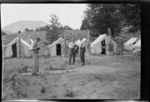 Group of unidentified men at New Zealand Public Works Department camp, at the Harper Diversion, Selwyn District, Canterbury Region
