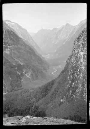 View of mountains and Clinton Canyon, from Mackinnon Pass, Milford Track, Southland District