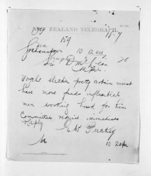 Native Minister and Minister of Colonial Defence - Telegrams re Vogel's election