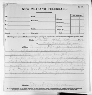 Native Minister and Mnister of Colonial Defence - Outward telegrams