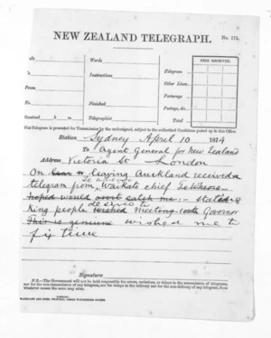 Native Minister and Minister of Colonial Defence - Outward telegrams