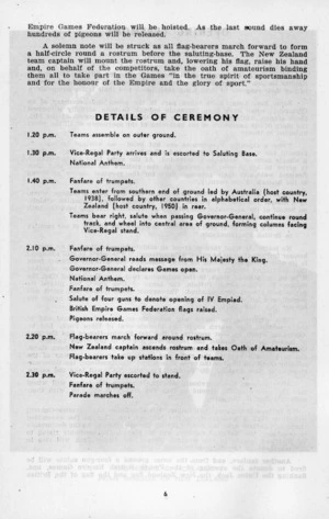 British Empire Games, Auckland, New Zealand, 1950 :Details of ceremony. [Athletics, first day. Saturday, 4th February at Eden Park. Official programme. 1950. Page 6].