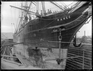 Barque Ranee awaiting repair in the dry dock at Port Chalmers