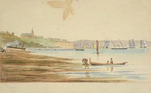 Hamley, Joseph Osbertus, 1820-1911 :Auckland, with St Paul's church, and Ordnance Store, Fort Britomart [August 1864]
