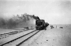 Train crossing the Western Desert, North Africa, during World War 2