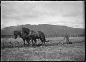 A man ploughing with two horses.