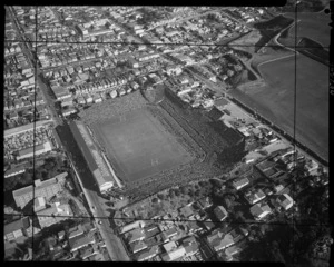 Aerial view of Athletic Park, Newtown, Wellington during a Lions vs All Blacks rugby test - Photograph taken by Ronald Fox