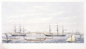Stack, Frederick Rice :View of Auckland Harbour, New Zealand, taken during the regatta of January, 1862 (the race of the Maori war canoes). Drawn from nature by F R Stack. Day & Son, lithrs to the Queen. London, Day & Son, 1862.