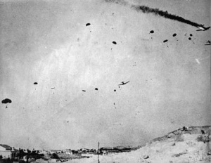 German paratroopers descending on Crete during World War 2