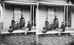 Gerald Butler Beere and family on veranda of house in Shortland