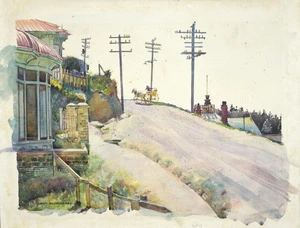 Richardson, Harry Linley 1879-1947 :[Gear Meat delivery cart in Fairlie Terrace, Wellington. ca 1920]
