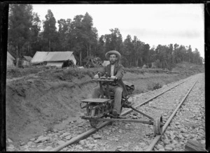 Man on a jigger near the railway camp on the approach to the Mataroa Tunnel.