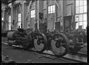 Frame and wheels for the front engine unit of 'Pearson's Dream', E class steam locomotive number 66, at the Petone Railway Workshops