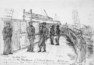 Hawkins, William Webster b. 1842 :Touching scene! On board the Kaikoura in Wellington Harbour. Feb. 5th 1867. W. W. H. meets his cousin T. G. B. 3rd officer on the Kaikoura, not having previously met since August 1864 or so.