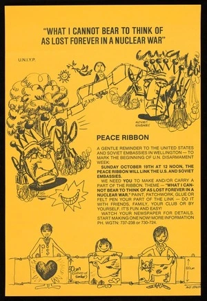 United Nations International Year of Peace 1986 :"What I cannot bear to think of as lost forever in a nuclear war". Peace Ribbon. U.N.I.Y.P [1986]